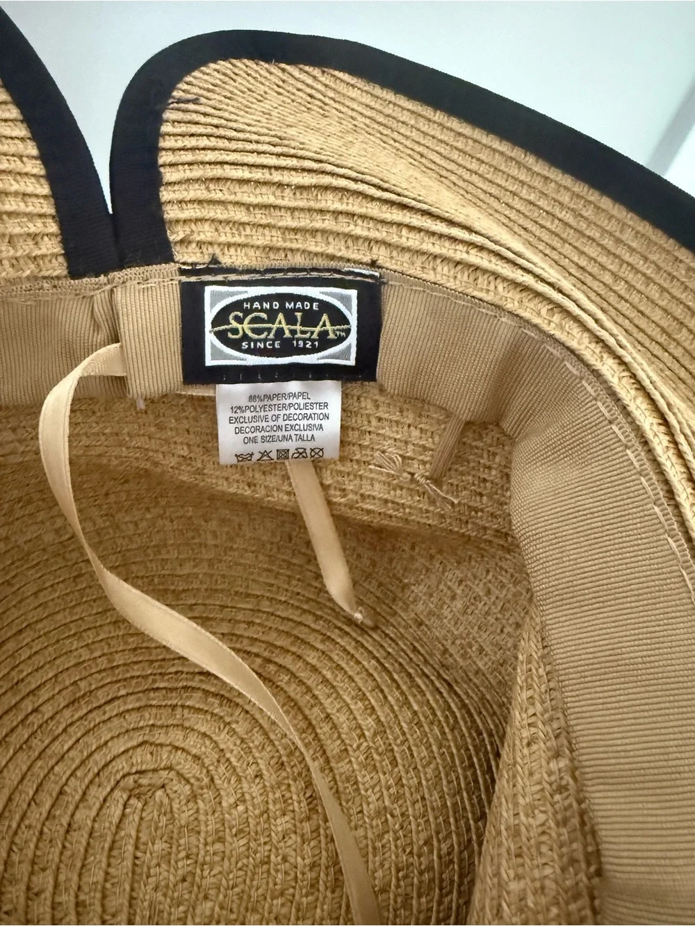 Scala Wide Brim Straw Sun Hat - Tan with Black Trim